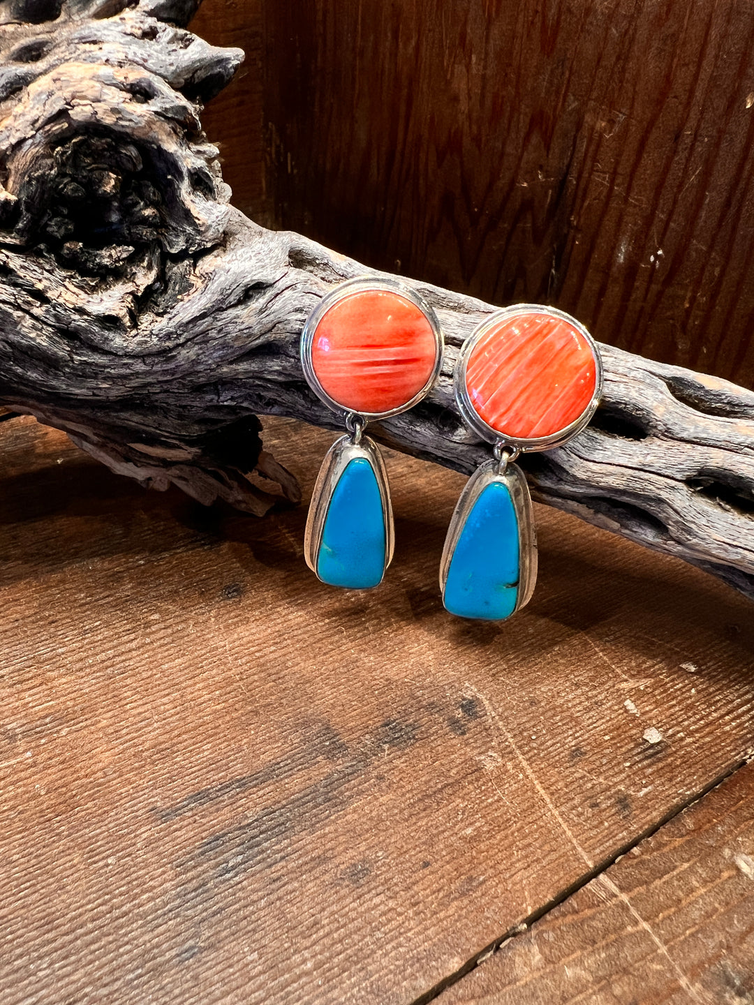 Red Spiny & Turquoise 2 Stone Earrings