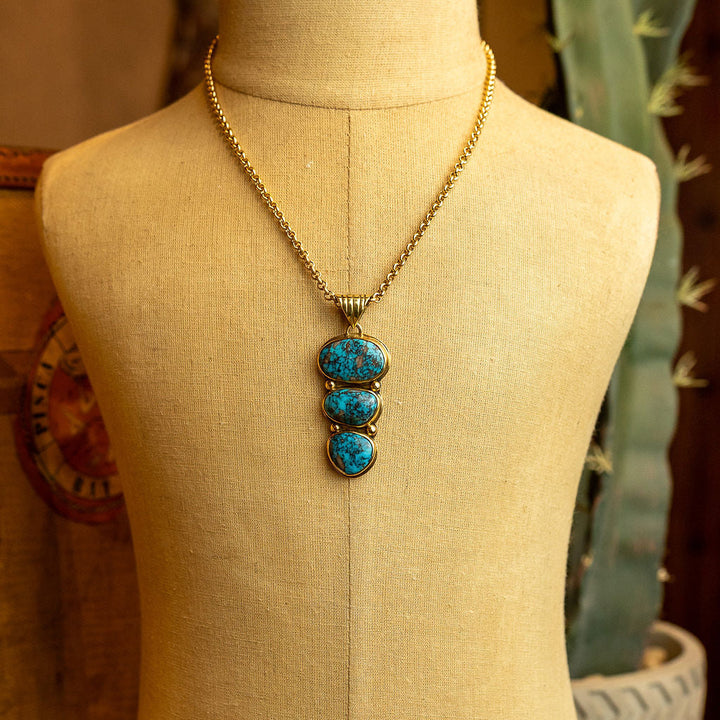 14K Gold Three-Stone Turquoise Pendant Necklace