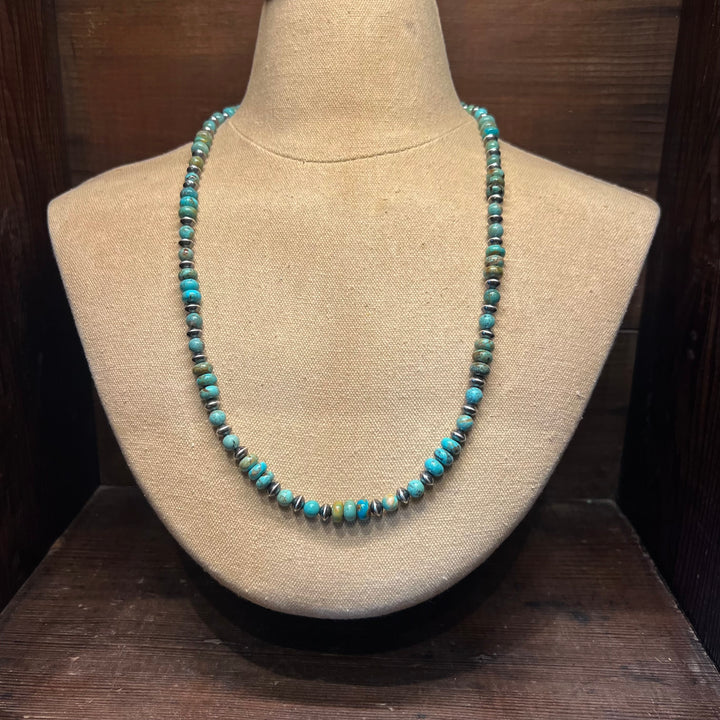Campitos Rondelle Turquoise & 8mm Navajo Saucer Necklace 24”