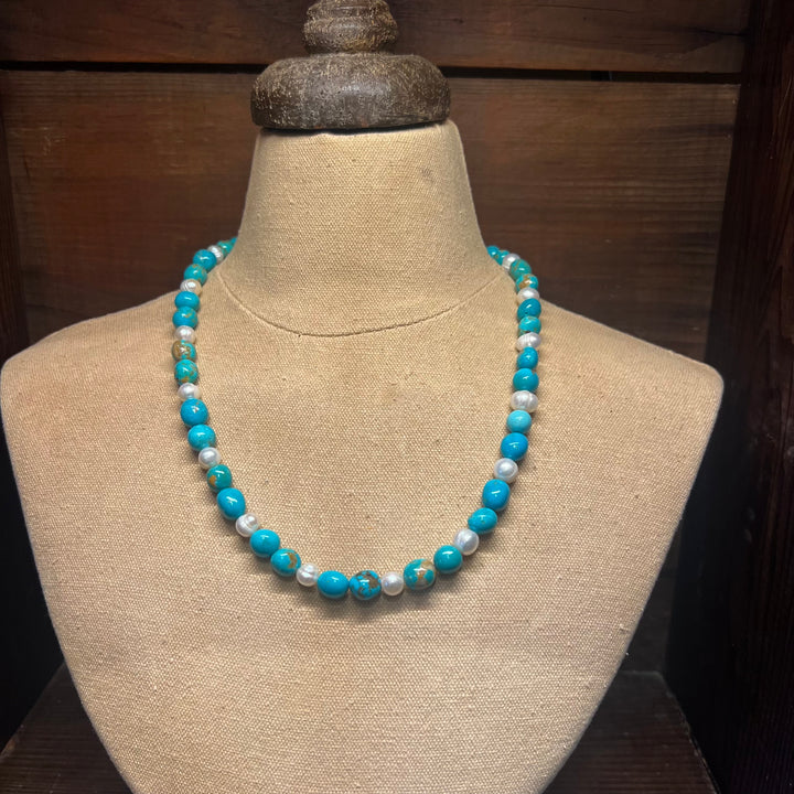 Turquoise Beads with Freshwater Pearls 20” Necklace
