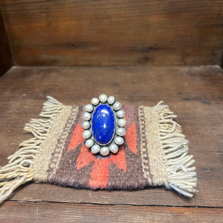 Lapis & fresh water Oval Cluster Adjustable Ring