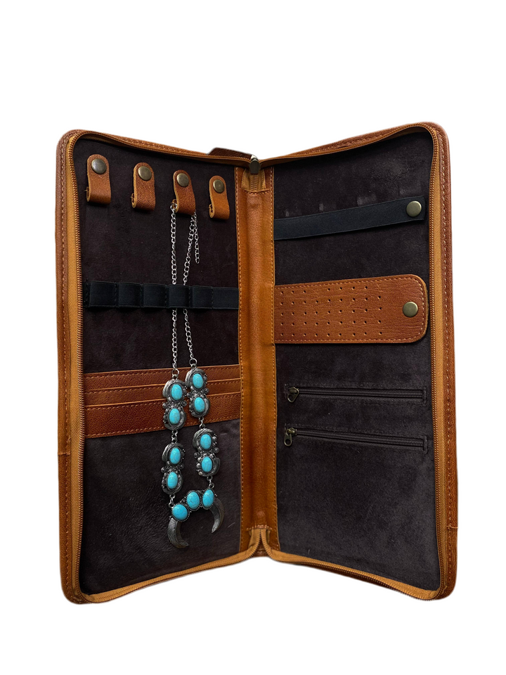 Tan & Black Tooled Leather Jewelry Wallet