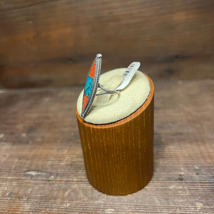 Chip Inlay Mixed Nevada Turquoise and Coral Vintage 1970's Ring