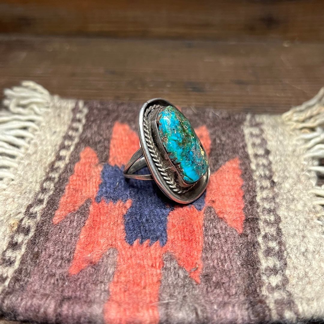 Blue Diamond Dome Nevada Turquoise Rope 1-1/2 Long Vintage 1970's Navajo Sterling Silver Ring Size 10