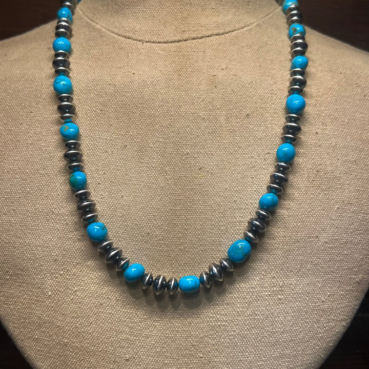Turquoise & Navajo Pearl Saucers Necklace 22”