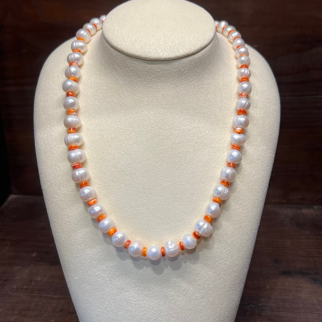 Orange Spiny Oyster & Freshwater Pearls Necklace