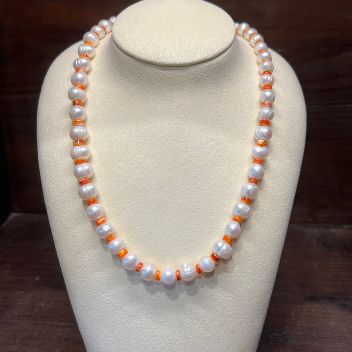 Orange Spiny Oyster & Freshwater Pearls Necklace