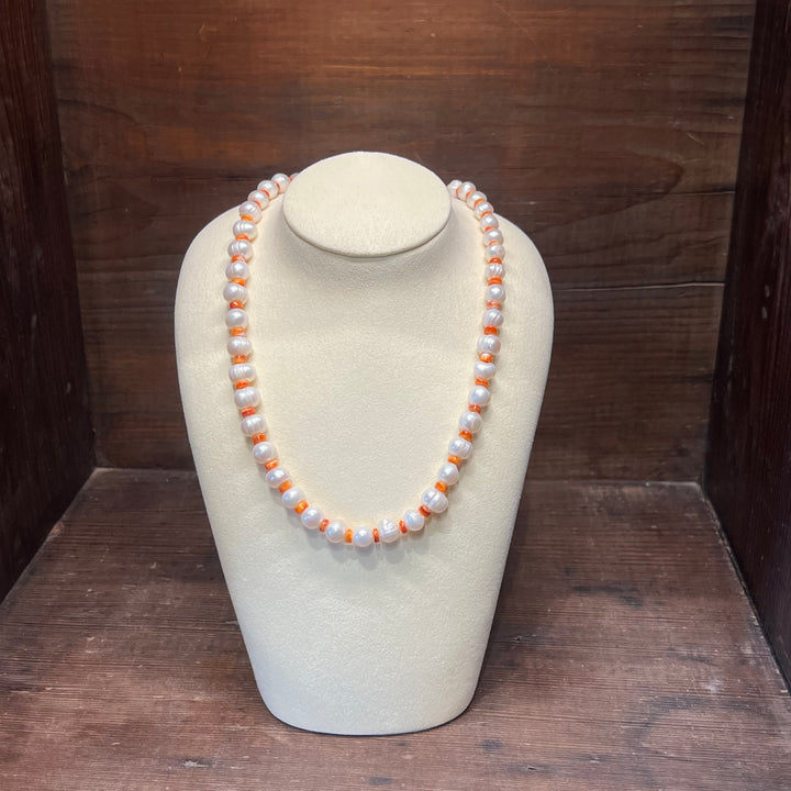 Orange Spiny Oyster & Freshwater Pearls Necklace