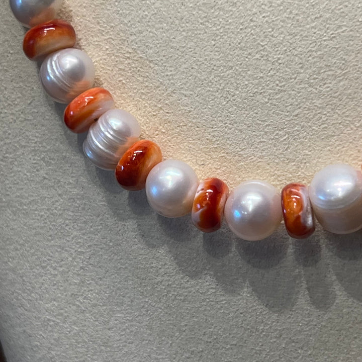 Red Spiny Oyster & Freshwater Pearls Necklace
