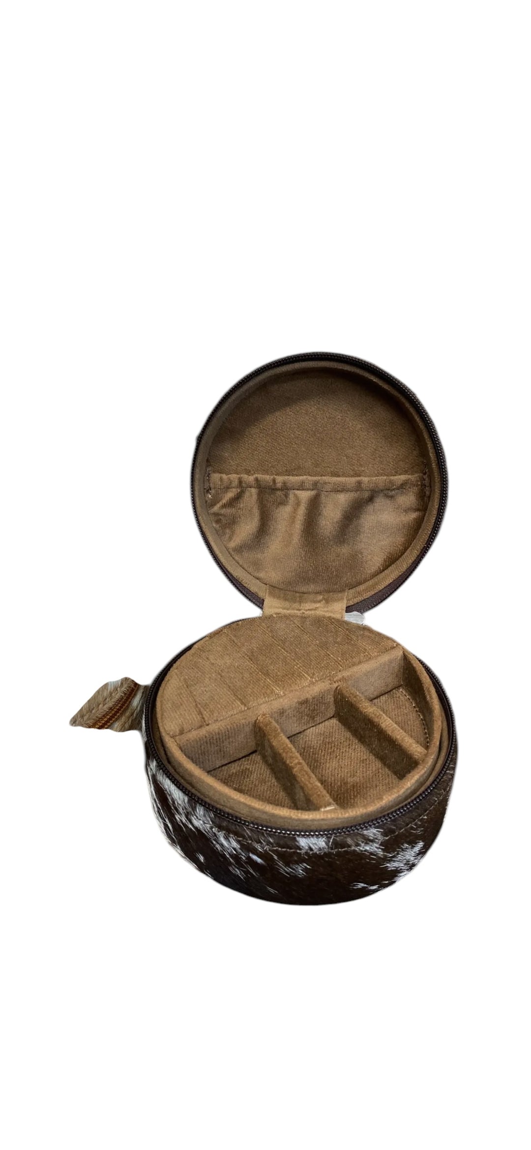 Round Brown Cowhide Leather Jewelry Box 