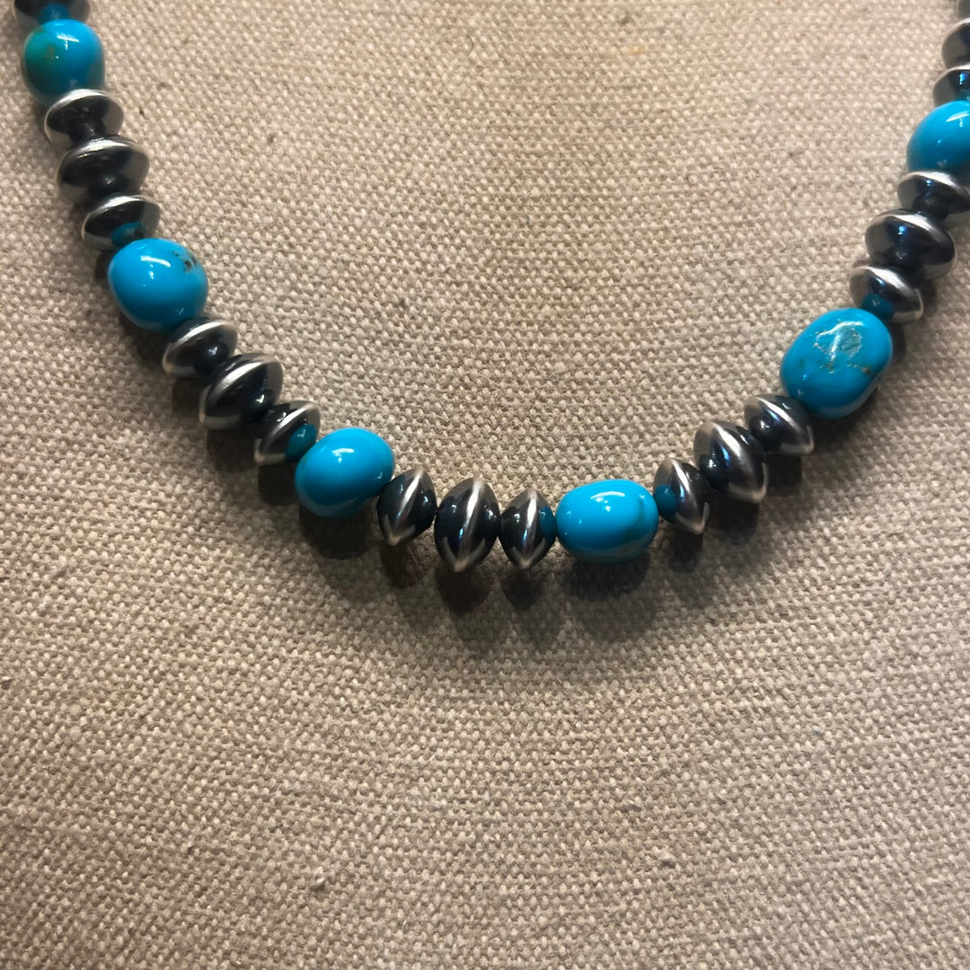 Turquoise & Navajo Pearl Saucers Necklace 22”