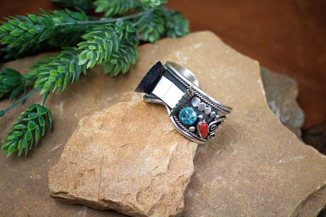 Vintage Mediterranean Coral and Kingman AZ Turquoise Sterling Silver 1960's Watch Cuff 5" with 7/8" gap