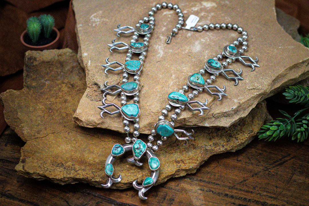 Vintage Sandcast Sterling Silver Fox Turquoise NV 1970's Squash Blossom Necklace 26" Long