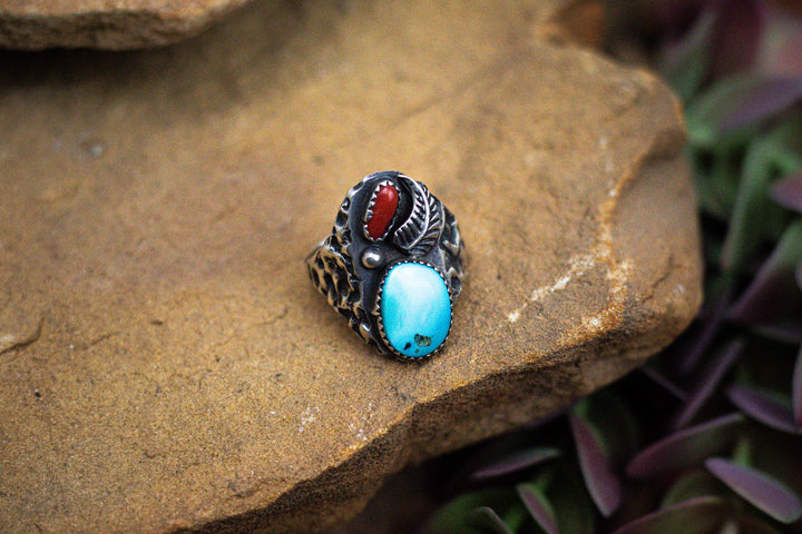 Arizona Turquoise and Mediterranean Coral Leaf Vintage Ring