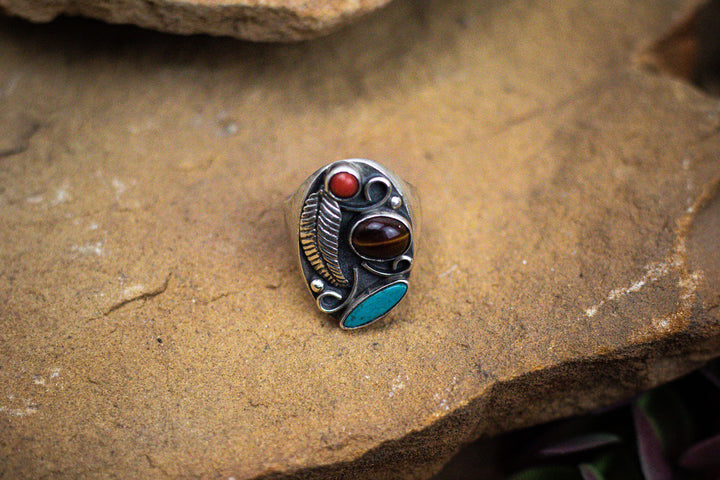 Fox Nevada Turquoise, Coral and Tiger's Eye Vintage 1970's Navajo Sterling Silver Feather Ring Size 12