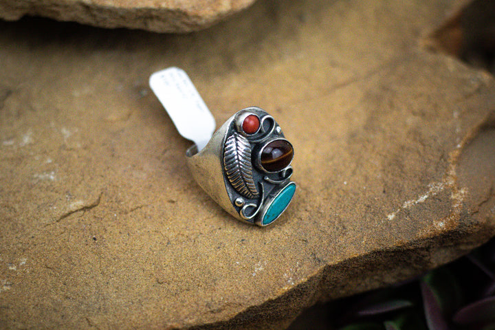 Fox Nevada Turquoise, Coral and Tiger's Eye Vintage 1970's Navajo Sterling Silver Feather Ring Size 12