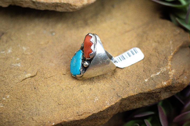 High Grade Morenci Arizona Turquoise Mediterranean Coral Vintage Navajo 1960's Sterling Silver Ring Size 10