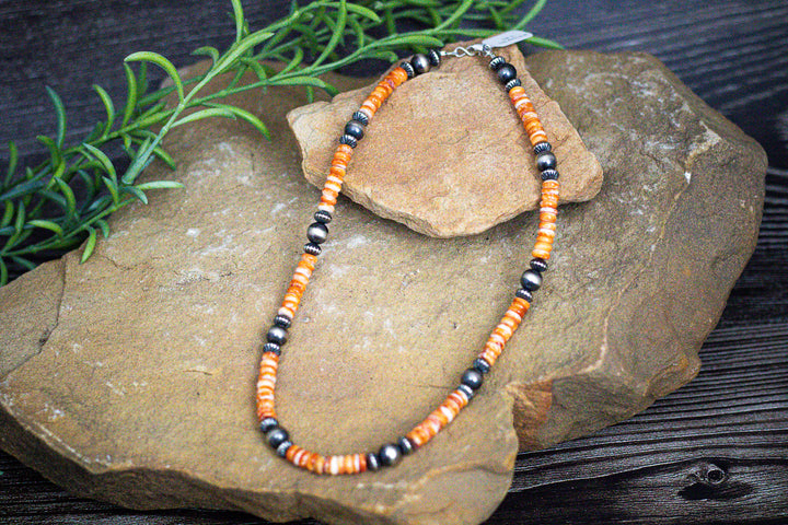 Navajo Pearls 8mm & Orange Spiny 16" Necklace