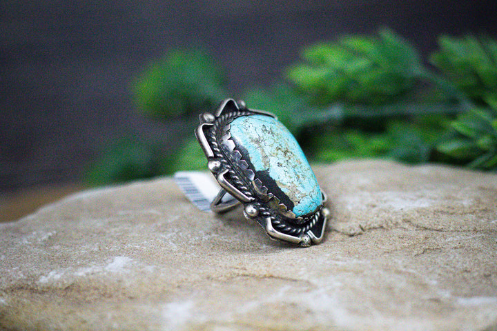 Arizona Turquoise Large 1-7/8 Long Vintage 1970's Navajo Sterling Silver Ring Size