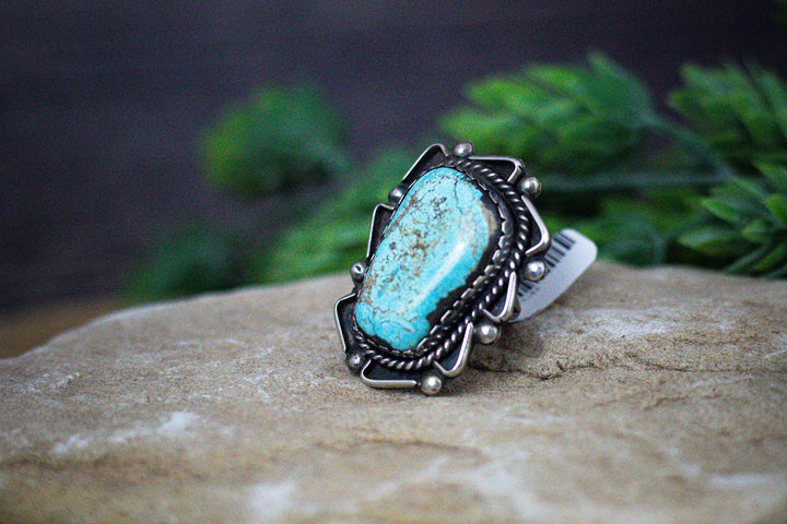 Arizona Turquoise Large 1-7/8 Long Vintage 1970's Navajo Sterling Silver Ring Size