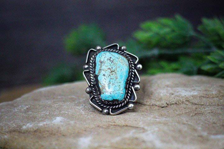 Arizona Turquoise Large 1-7/8 Long Vintage 1970's Navajo Sterling Silver Ring Size