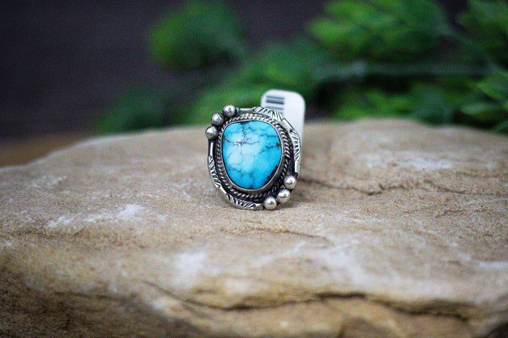 Darling Darlene Nevada Turquoise 1-7/8 Long Vintage 1970's Sterling Silver Ring Size 7.5