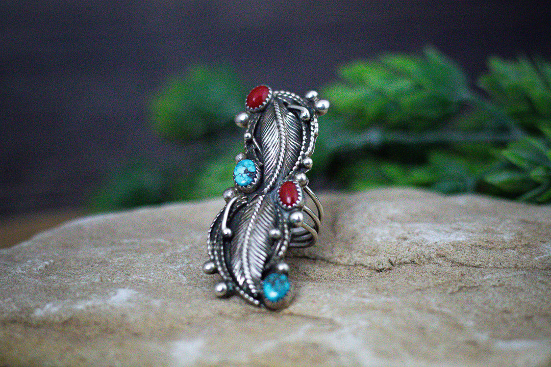 Mediterranean Coral and Nevada Turquoise Leaf 2-1/4 Long Vintage Navajo Sterling Silver Ring Size 7.5 by Marie Dale