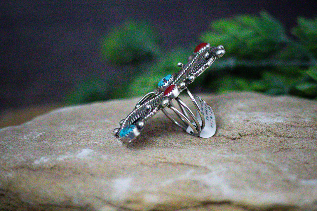 Mediterranean Coral and Nevada Turquoise Leaf 2-1/4 Long Vintage Navajo Sterling Silver Ring Size 7.5 by Marie Dale