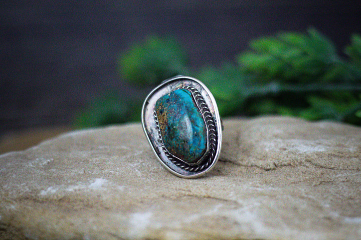 Blue Diamond Dome Nevada Turquoise Rope 1-1/2 Long Vintage 1970's Navajo Sterling Silver Ring Size 10