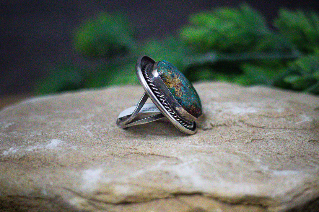 Blue Diamond Dome Nevada Turquoise Rope 1-1/2 Long Vintage 1970's Navajo Sterling Silver Ring Size 10