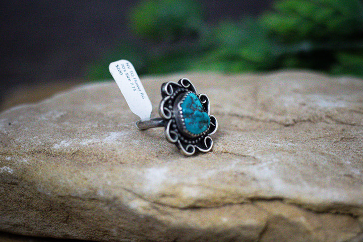 Nevada Turquoise Flower 1 Long Vintage 1970's Sterling Silver Ring Size 7.75