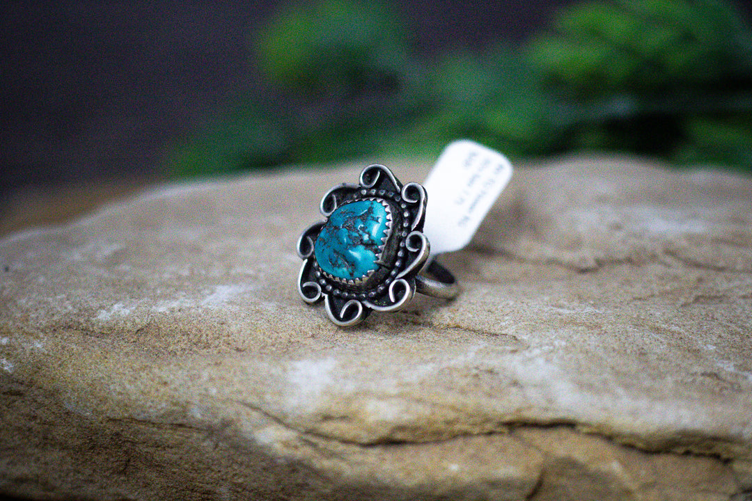 Nevada Turquoise Flower 1 Long Vintage 1970's Sterling Silver Ring Size 7.75