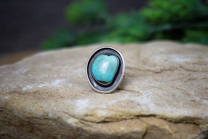 Nevada Turquoise 1 Long Vintage 1970's Sterling Silver Ring Size 7.5