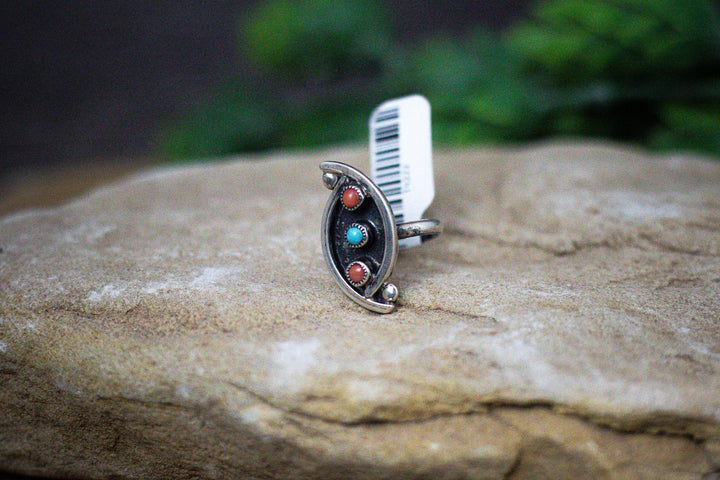 Angel Coral and Arizona Turquoise 1 Long Vintage 1970's Sterling Silver Ring Size 6.75