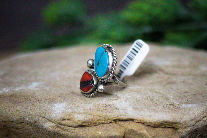 Arizona Turquoise and Coral 1-1/4 Long Vintage 1970's Sterling Silver Ring Size 8