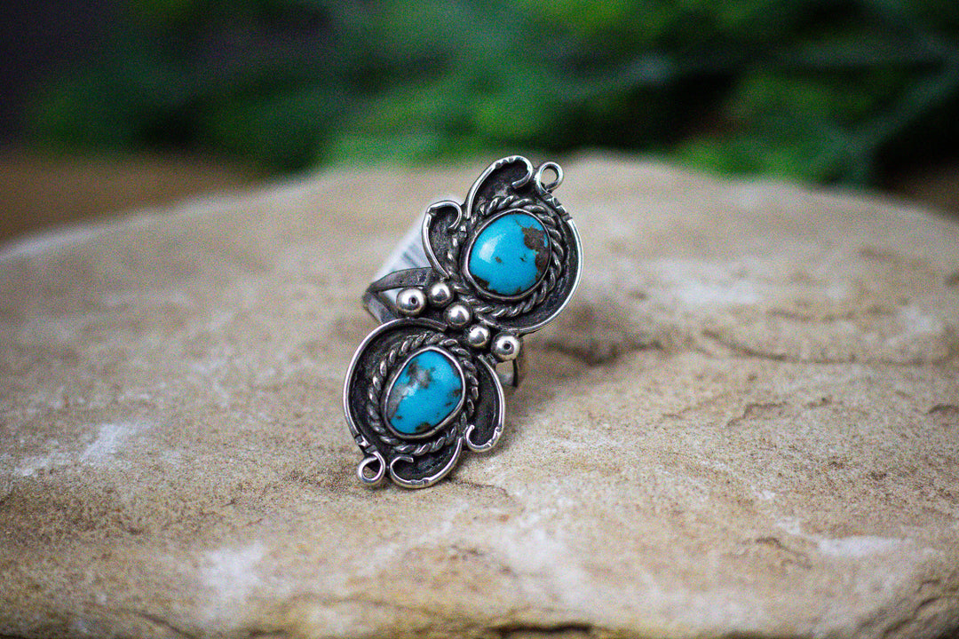 Arizona Turquoise 2 Stone 1-3/4 Long Vintage 1970's Sterling Silver Ring Size 8.5