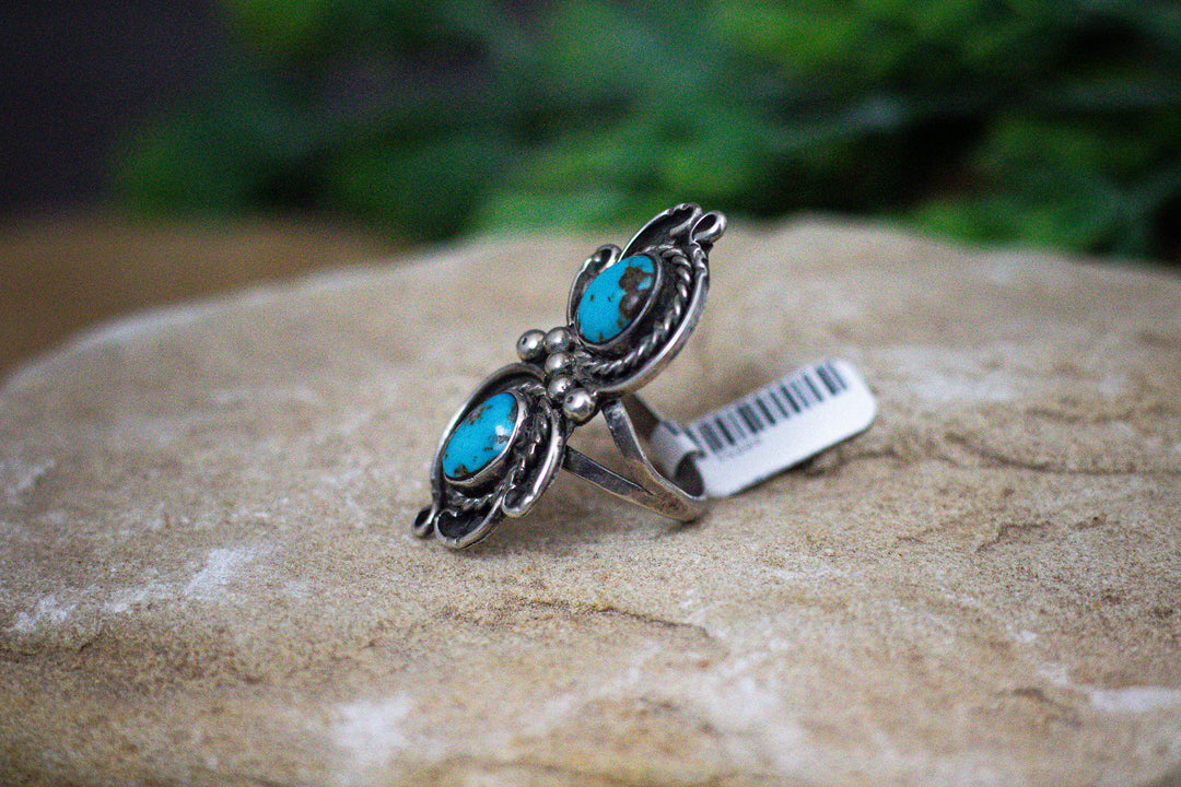 Arizona Turquoise 2 Stone 1-3/4 Long Vintage 1970's Sterling Silver Ring Size 8.5