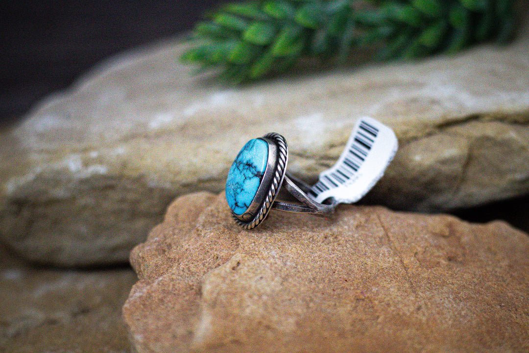 Dry Creek Nevada Turquoise 7/16 Long Vintage 1970's Sterling Silver Ring Size 5.5