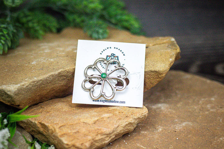 Sterling Silver Flower Concho with Dark Green Turquoise Pin