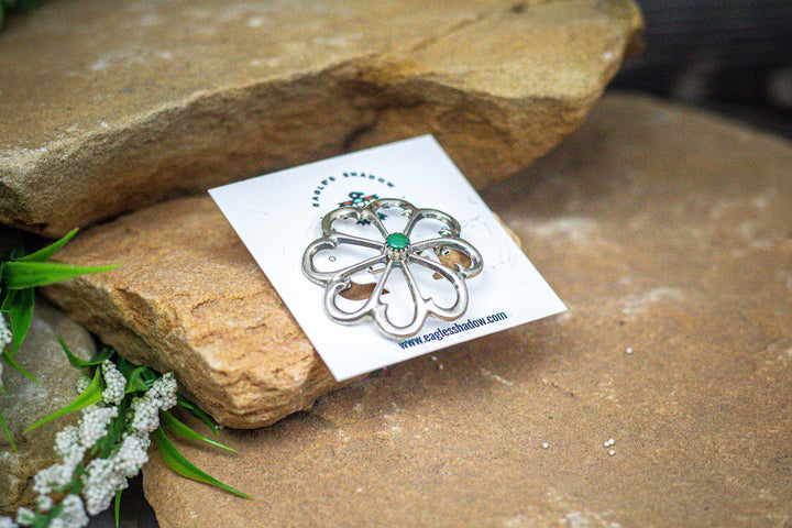 Sterling Silver Flower Concho with Dark Green Turquoise Pin