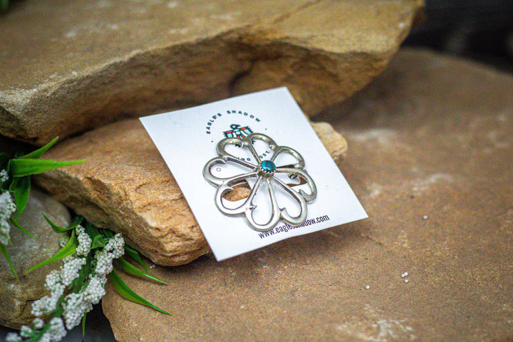 Sterling Silver Flower Concho with Blue Turquoise Pin