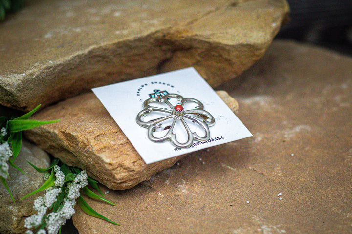 Sterling Silver Flower Concho with Coral Pin