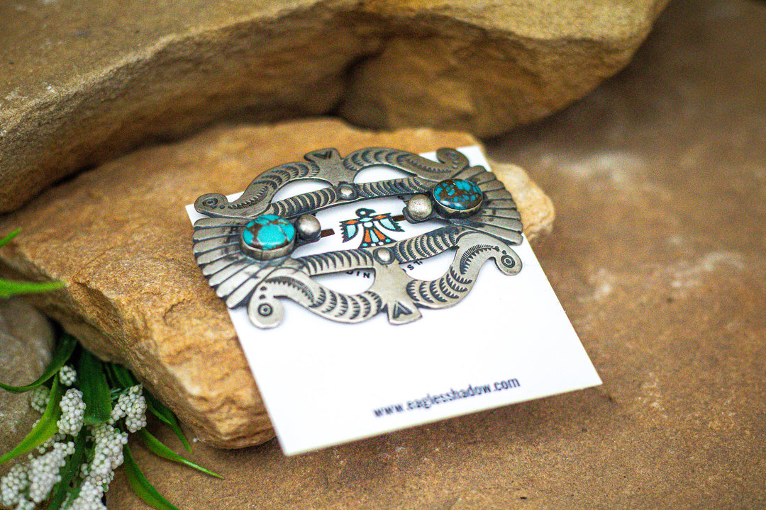 Stamped Buckle Pin with 2 Stone Turquoise Pin