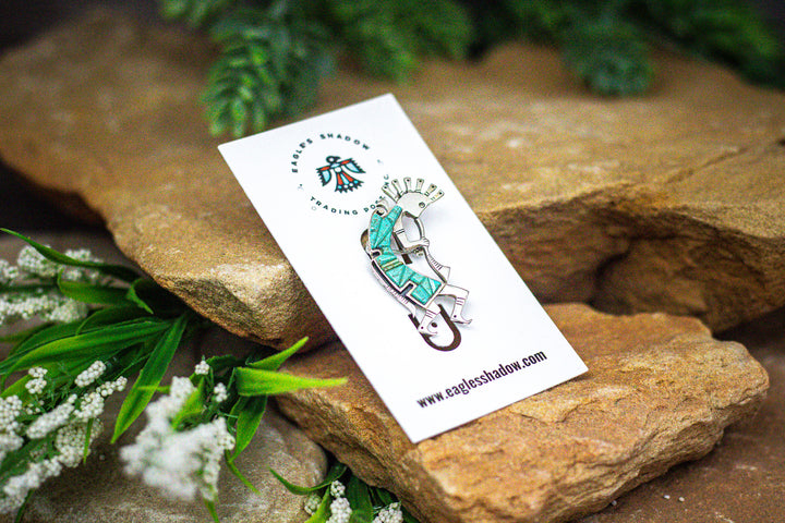 Sterling Silver Cobble Stone Turquoise Inlay Stamped Kokopelli Pin