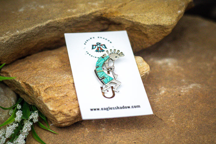 Sterling Silver Cobble Stone Turquoise Inlay Stamped Kokopelli Pin
