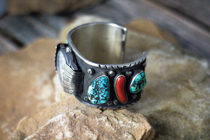 Old Pawn Turquoise & Coral Watch Cuff