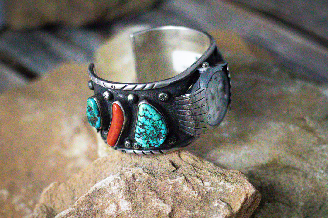 Old Pawn Turquoise & Coral Watch Cuff