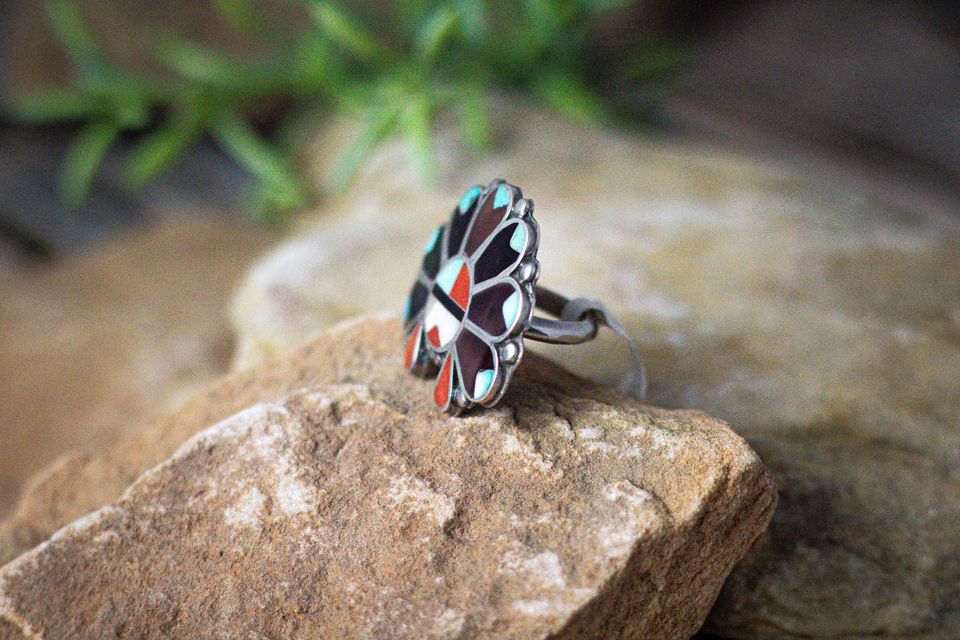 Large Inlay Sun Face Ring Size 6
