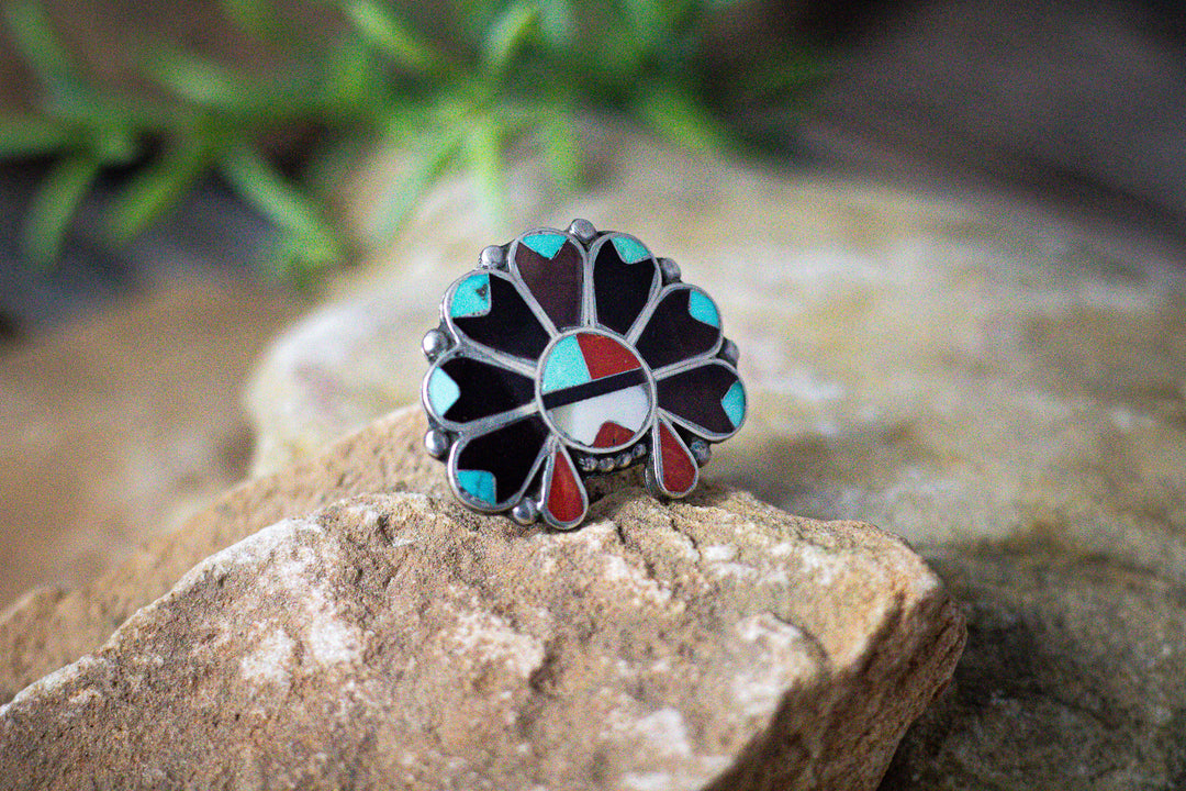 Large Inlay Sun Face Ring Size 6