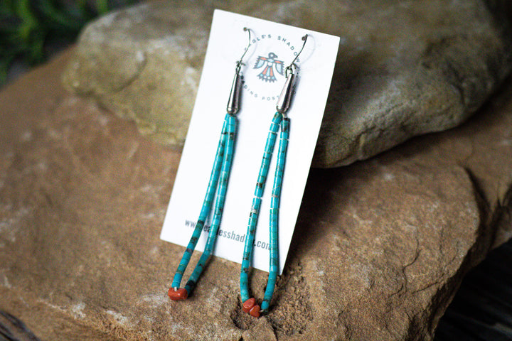 Turquoise Heishi and Coral Sterling Silver Long Earrings